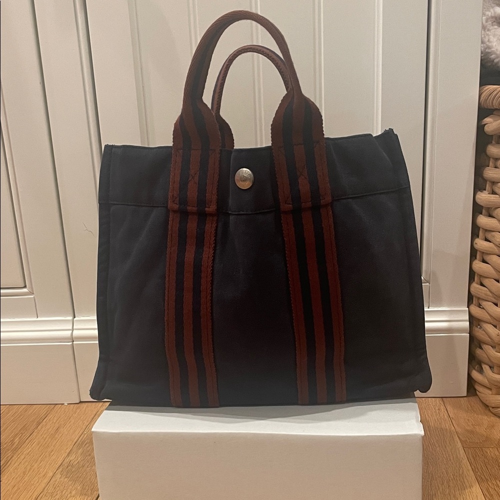 Navy and Brown Small Canvas Hermes Tote